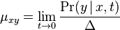\mu _{{xy}}=\lim _{{t\rightarrow 0}}{\frac  {\Pr(y\,|\,x,t)}{\Delta }}
