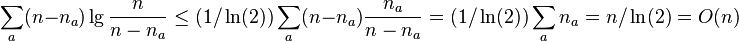 \sum _{a}(n-n_{a})\lg {\frac  {n}{n-n_{a}}}\leq (1/\ln(2))\sum _{a}(n-n_{a}){\frac  {n_{a}}{n-n_{a}}}=(1/\ln(2))\sum _{a}n_{a}=n/\ln(2)=O(n)
